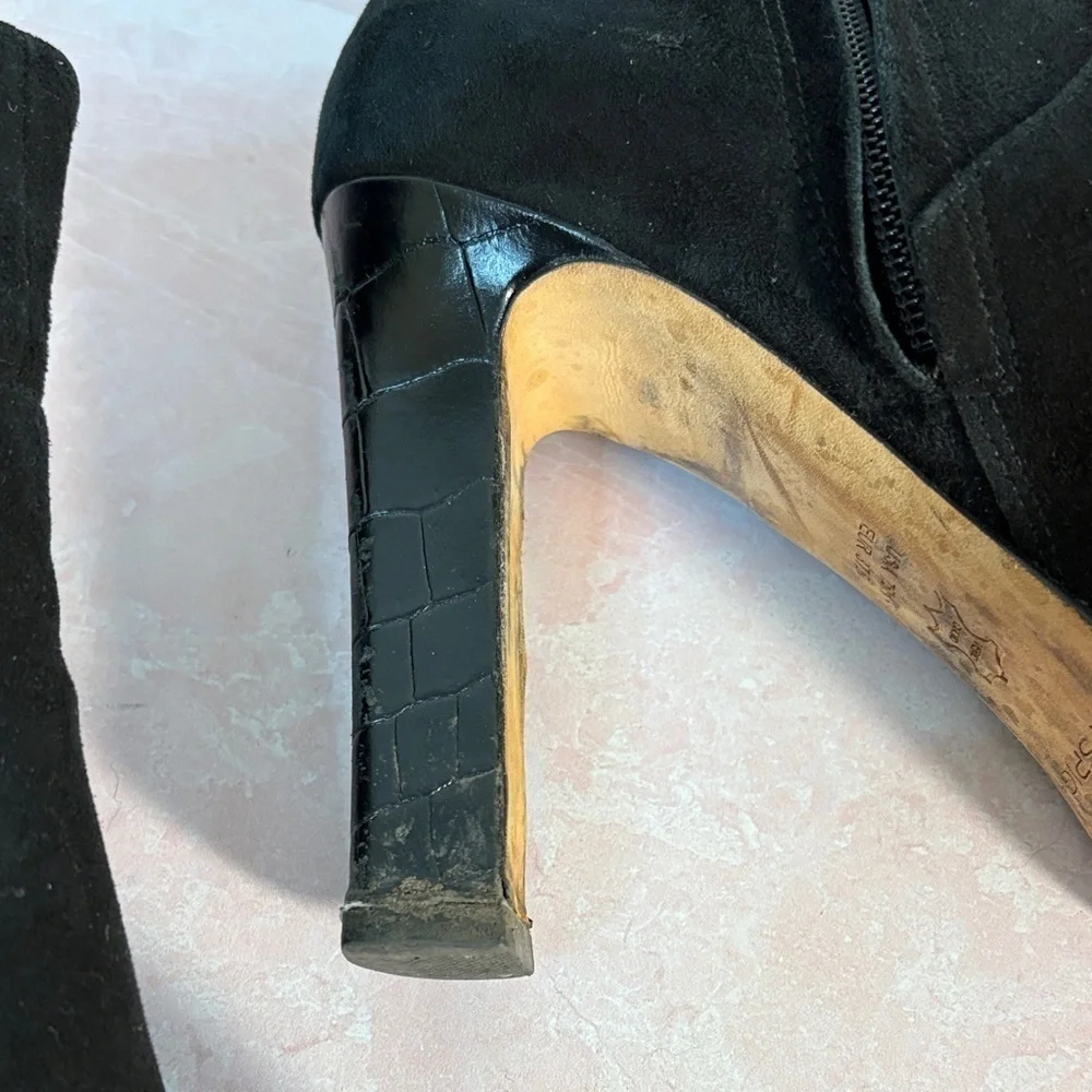 Via Spiga Genuine Leather & Suede Black Ankle Platform Heeled Booties, Side Zip